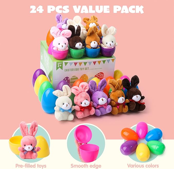 JOYIN 24 Pcs Filled Easter Eggs Plush Toy, Bright Colorful Eggs Prefilled with Variety Plush Bunnies for Kids Toddlers, Easter Basket Stuffers and Party Favors