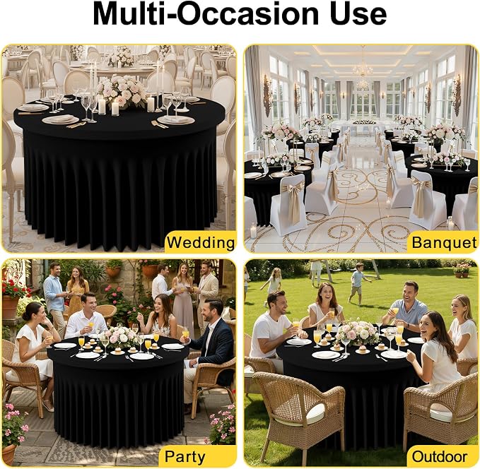 Smiry Round Spandex Tablecloth, Elastic Fitted Washable Tablecloths for 60 Round Tables, Waterpoof Stretch Table Cover Skirt for Wedding, Outdoor, Banquet & Parties, Black