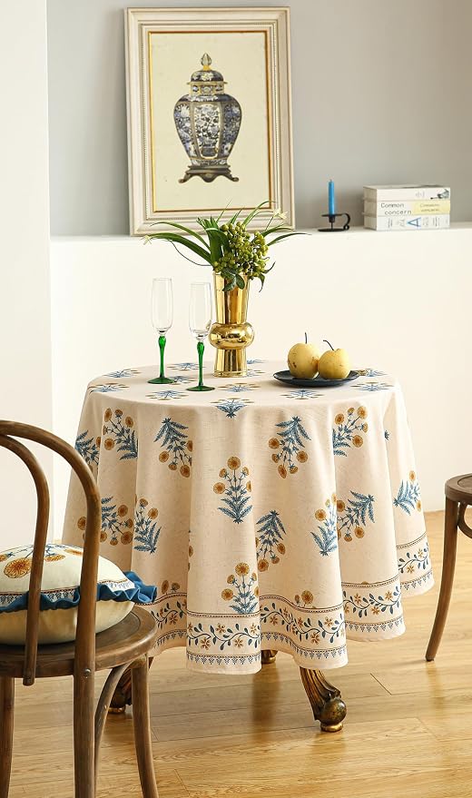 ISAENNE Designer French Linen Round Tablecloth,Diameter 67"-Estevan A | Vintage Elegant Beautiful Printed Table Cloth,Pale Yellow Floral Pattern,Durable,Dining,Kitchen,Tea Party,Thanksgiving