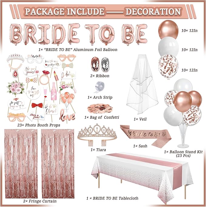 LFSTGN 274 Pcs Rose Gold Bridal Shower Decorations, Bachelorette Party Decorations Favors - "BRIDE TO BE" Banner, Veil, Balloon, Photo Props, Tableware with Rose Gold for 25 Guests