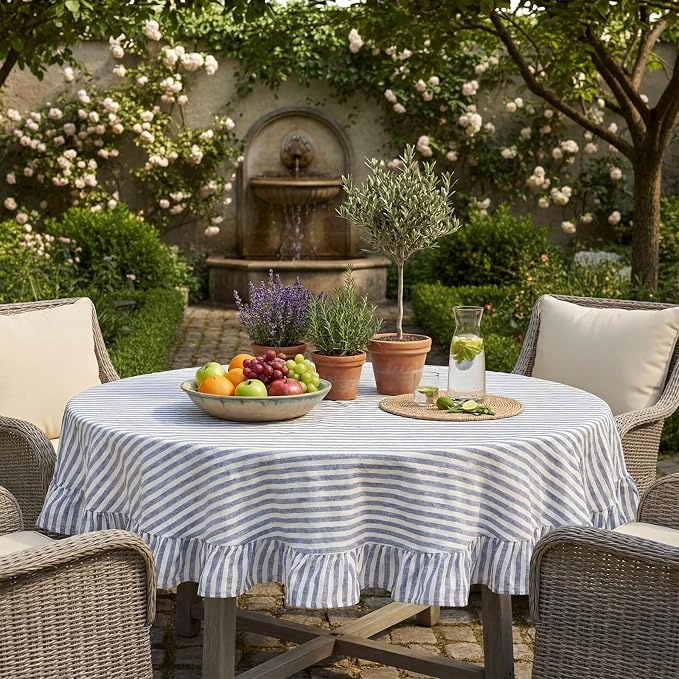 Boao Cotton 60 Inch Ruffle Tablecloth Blue White Striped Flounces Trim Table Cover for Round Table Kitchen Party Wedding Decor