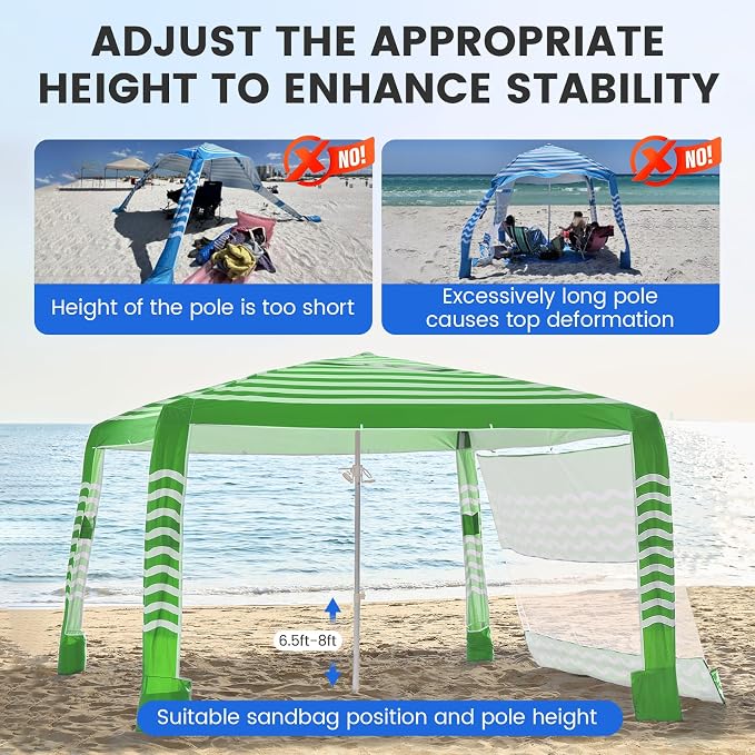 Zeraty Beach Cabana 8'×8', Portable Beach Canopy with Side Wall, UPF 50+ Silver-Coated Beach Tent Sun Shelter Easy Pop Up, Wind Resistant Adjustable Height Beach Umbrella Tent for Family, Green