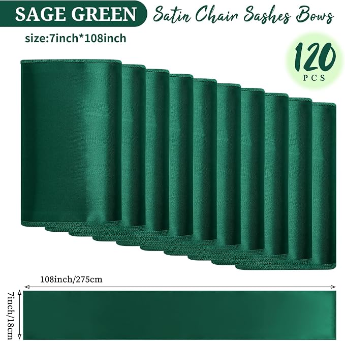 Pesonlook 120 PCS Forest Green Satin Chair Sashes Bows,Satin Chair Sashes Universal Chair Cover for Wedding Reception Restaurant Event Decoration Banquet,Party,Hotel Event Decorations (7 x 108 inch)