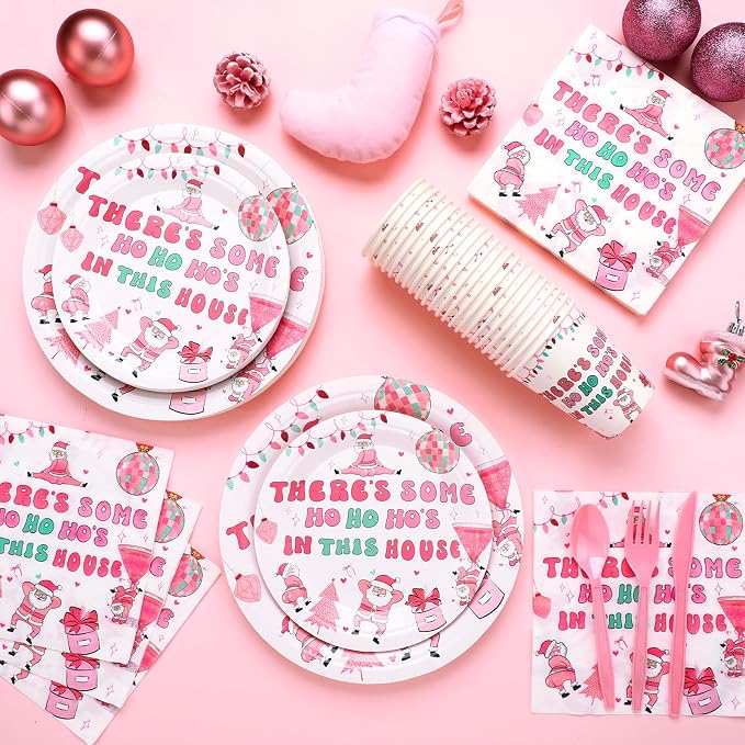 168 Pcs Christmas Party Decorations Pink Friendsmas Christmas Party Supplies Santa Claus Xmas Tableware Set Disposable Paper Plates Cups Utensils Serve 24 for Pink Friendsmas Holiday