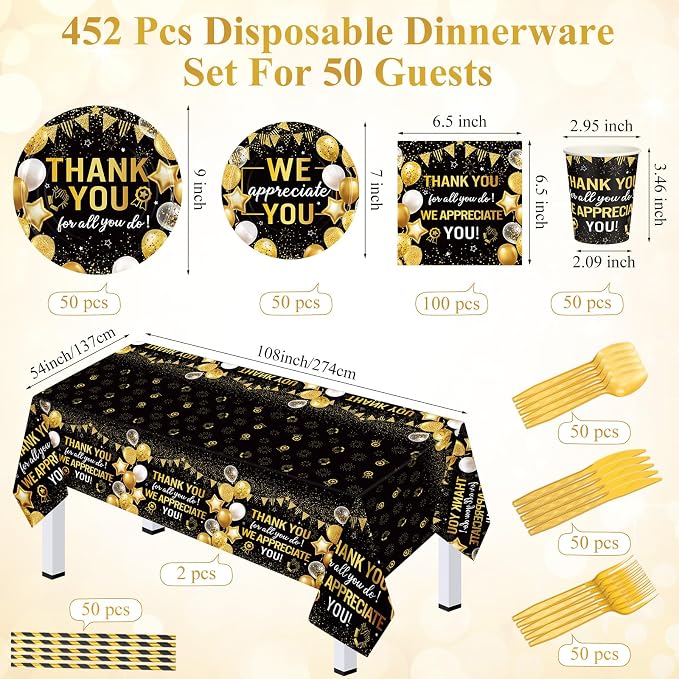Funnymoom 452 Pcs Black Gold We Appreciate You Decoration for 50, Thank You Paper Plates Napkins Cups Tablecloth Set for Administrative Professional Day Employee Teacher Volunteer Appreciation Supply