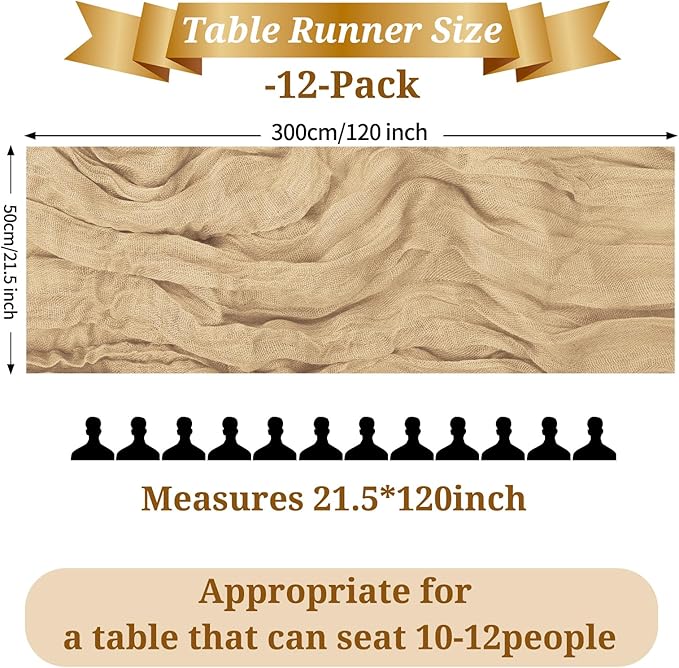 12 Pack Light Brown Cheesecloth Table Runner, 10FT Long Romantic Semi Sheer Cheesecloth Rustic Boho Table Runner for Wedding Baby Shower Birthday Bridal Party Decorations(21.5×120 Inch)