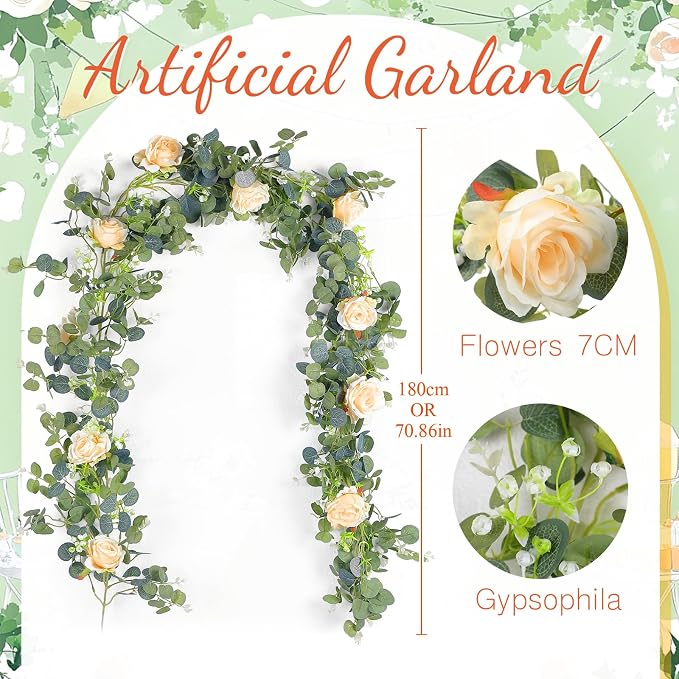Canlierr 2pcs Large White Mr & Mrs Sign for Wedding Table with 5.91ft Artificial Flowers Garland, Wedding Centerpieces Wooden Bride and Groom Table Decorations for Engagement Decor (Champagne Rose)