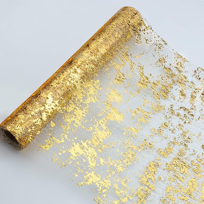 Snowkingdom Glitter Metallic Gold Table Runner 11 Inch x 49 Feet Roll Thin Mesh Sparkle Runner Table Decorations for Wedding Bridal Baby Shower, Anniversary, Christmas, Birthday Party