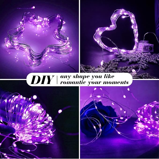 ZGWJ 50 Pack Fairy Lights Battery Operated, 7ft 20 Mini LED Fairy String Lights Silver Wire 3 Modes for DIY, Parties, Wedding, Bedroom, Halloween Christmas Decoration Purple