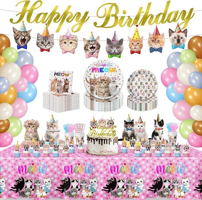 Cat Birthday Decorations with 9" & 7" Plates, Napkins, Tablecloth, Cake Topper, Pre-assembled Banner & Honeycomb Centerpieces & Balloon for Cat Themed Birthday Party Decorations