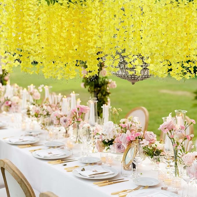 U'Artlines 24 Pack (Total 86.4 Feet) Artificial Fake Wisteria Vine Rattan Hanging Garland Silk Flowers String Home Party Wedding Decor (24,Yellow)