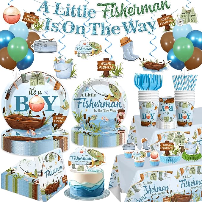 171 PCS Fishing Baby Shower Decorations for 20 Guests, Disposable Tableware Set with Banner, Cake Topper, Balloons, Plates and Napkins-Easy Assembly Fishing Theme Baby Shower