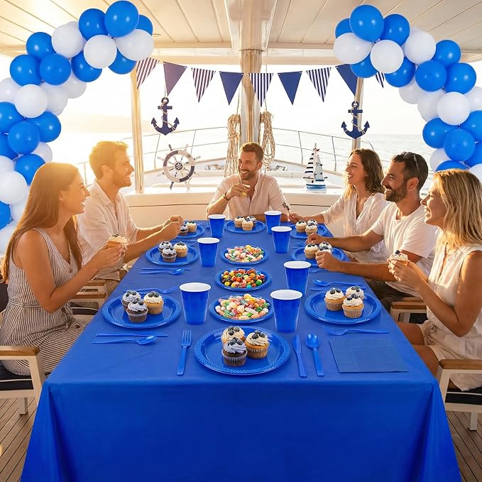 352 Pcs Blue Plastic Plates Party Set, 50 Guests Disposable Dinnerware Set with Deep Blue Tablecloths, Classic Blue Plastic Plates Party Set for Wedding/Anniversary/Nautical Party/Men's Event
