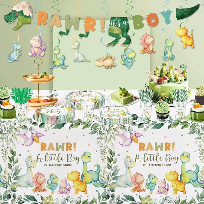 Dinosaur Baby Shower Decorations for Boy, Jungle Animal Dino Baby Boy Party Supplies, Dinosaur Theme Rawr It's a Boy Paper Plate, Napkin, Cup, Tablecloth, Cutlery, Banner, Swirls, Serves 24