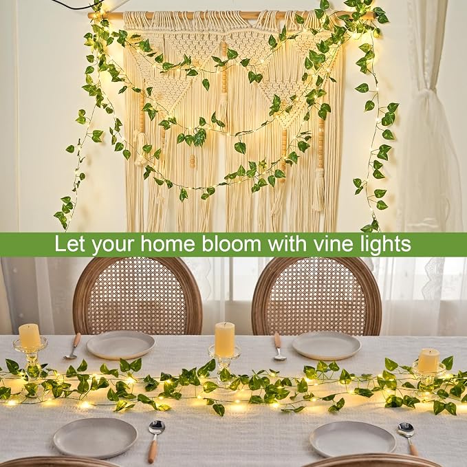JMEXSUSS 33 FT 100 LED Vines with Lights USB/Battery Operated, Pothos Vines with Fairy Lights with Remote, Fake Leaf Lights for Bedroom Classroom Wall Dorm Wedding Decor (Warm White)