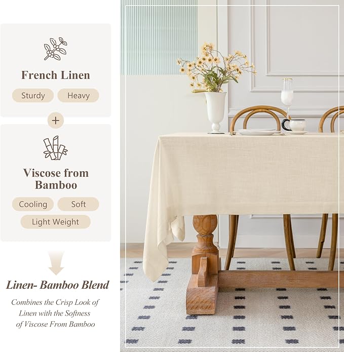 Linen World Linen Tablecloth 90x60 Inch, Rectangular Tablecloth Luxury Texture & Linen Look – Soft, Cool & Breathable Linen Blend Tablecloth for Dining, Kitchen, Outdoor, Easter-Sand Beige