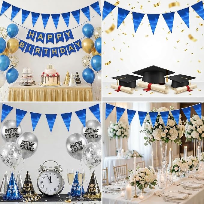 40M/130FT Blue Triangle Pennant Banner Flag Metallic Fabric Bunting Garland for Christmas Graduation Wedding Engagement Anniversary Bachelorette Birthday Bridal Shower Valentines Hen Party Supplies