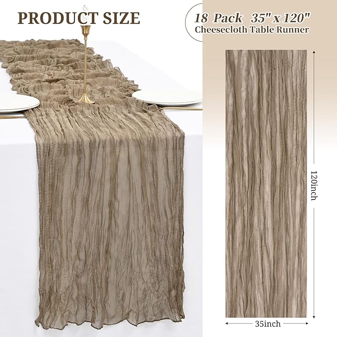 Showgeous 18 Pack Light Brown Cheesecloth Table Runner 35 x 120 Inch Long Cheese Cloth Table Runner Semi-Sheer Boho or Rustic Wedding Table Decor for Wedding Arch Draping Bridal Shower Holiday Party