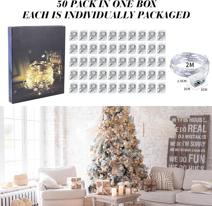 ZGWJ 50 Pack Fairy Lights Battery Operated, 7ft 20 Mini LED Fairy String Lights Silver Wire 3 Modes for DIY, Parties, Wedding, Bedroom, Halloween Christmas Decoration Silver White