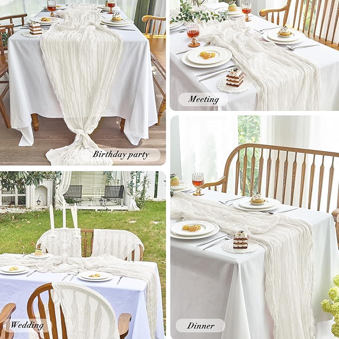 IVAPUPU 1 Pcs Cheesecloth Table Runner - 10ft Ivory White Spring Boho Gauze Cheese Cloth Table Runners for Baby Shower Decorations Wedding Party Garden Farmhouse