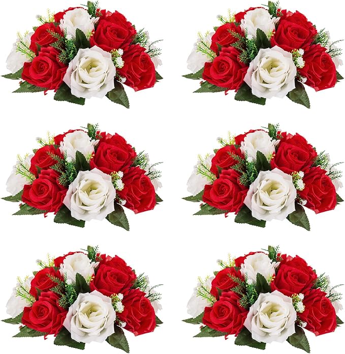 NUPTIO Pcs of 6 Fake Flower Ball Arrangement Bouquet,15 Heads Plastic Roses with Base, Suitable for Our Store's Wedding Centerpiece Flower Rack for Parties Valentine's Day Home Décor (Red & White) | 6 Pcs Artificial Silk Floral Arrangements, for Birthd...