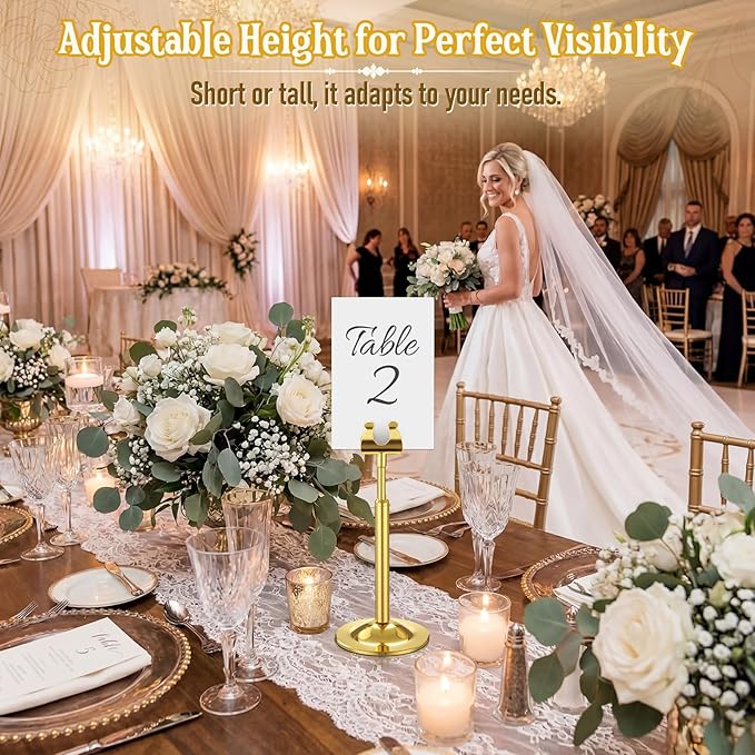 Kathfly Gold 12 Set Table Number Holders Adjustable Metal Place Card Holders Harp-clip Tabletop Sign Stands Detachable Card Holder for Weddings Birthday Restaurants Table Decor (4.9-7.3 Inch)
