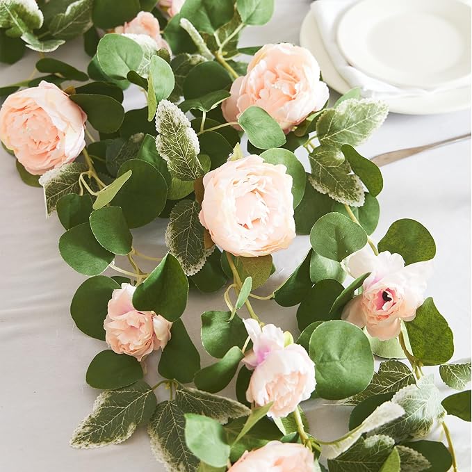 MISSPIN 2pcs Artificial Flowers Garland Spring Eucalyptus Garland Vintage Fake Flower Peony Rose Vine Greenery Decorative Wall Hanging Plant for Wedding Arch Door Arrangement Party Decor (Pink,2)
