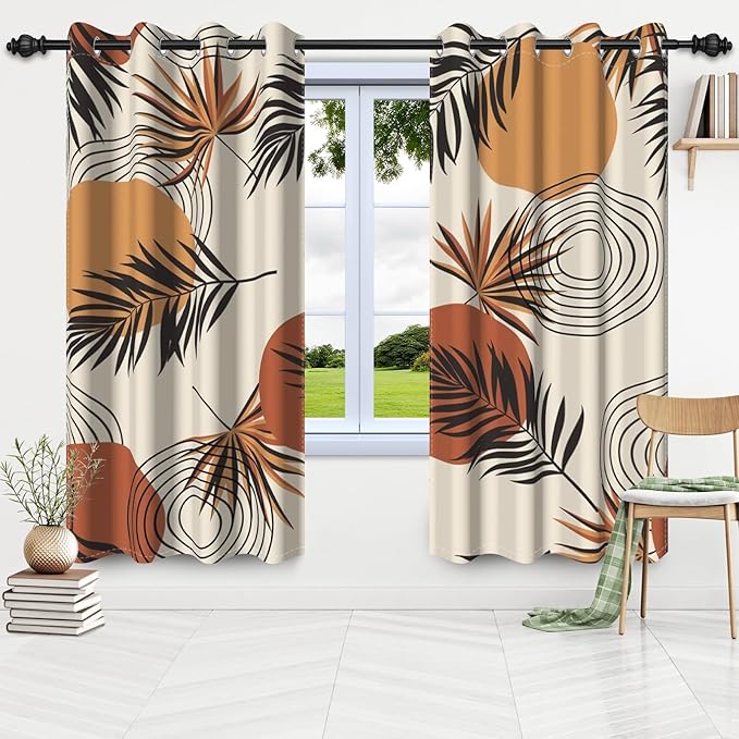Mid Century Abstract Blackout Window Curtains Boho Sun Palm Leaves Modern Abstract Geometric Art Kitchen Curtains Boho Window Treatment Sets Living Room Bedroom Home Decor,21x45 inch,2 Panels