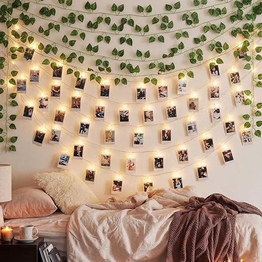 Dingion 12 Pack 82 ft Dormitory Photo Decor Leaves Dorm Hanging Picture Fairy Lights with 50 Clip LED String Lights Clear Decorating Garland for School Dorm Bedroom Classroom Wall Backdrop Decor