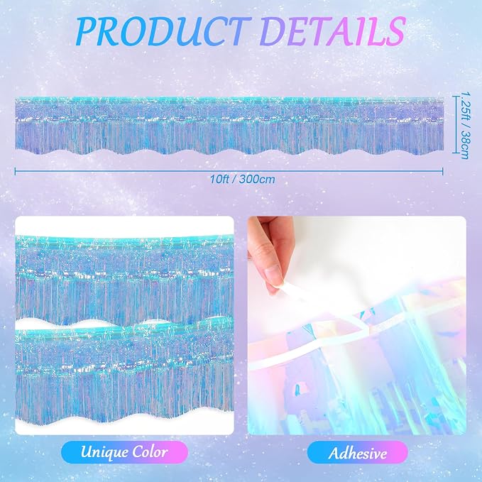 LOLStar Iridescent Blue Foil Fringe Tinsel Garland Streamer Banner, 6 Pack | 60Ft Tinsel Streamers, Shiny Iridescent Blue Wall Hanging Tinsel Fringe Banners for Mermaid, Snow, Sea, Unicorn Party Decor