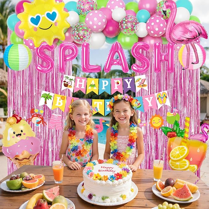 Summer Pool Beach Party Decorations, Splash Birthday Bash Party Supplies Tropical Summer Banner Beach Ball Lantern Fringe Curtain Foil Balloons Arch for Girls Swimming Luau Hawaiian Party Decor(Pink)