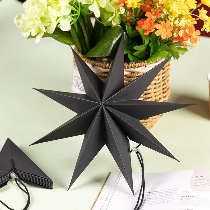 SUNBEAUTY 5 Pcs 9-Pointed Black Paper Star Lanterns 12 Inch Hanging Lamp Black Paper Funeral Decorations Christmas Birthday Home Holiday Party Decorations