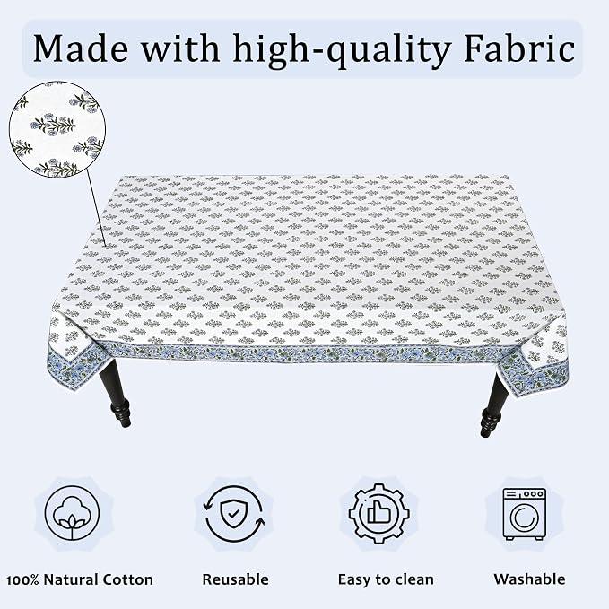 Ridhi Baby Blue Hand Block Print Cotton Rectangle Tablecloth 60" x 60" inches Reusable Table Cover Decorative Everyday Use for Dining Room, Farmhouse, Home Gift for Spring, Mother's Day