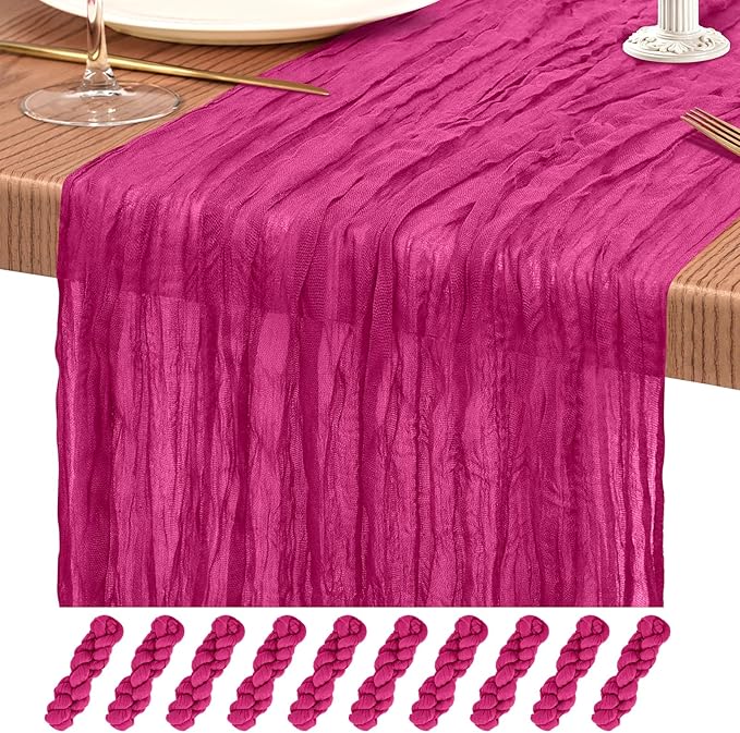 10 Pack Fuschia Cheesecloth Table Runner 10FT Boho Gauze Cheese Cloth Table Runners Romantic Rustic Sheer Table Decorations for Wedding Party Baby Shower Birthday Holiday Home