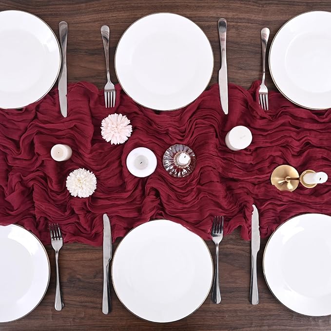 24 Pack Burgundy Cheesecloth Table Runners,10FT Boho Gauze Table Runner,35x120inch Rustic Table Runner for Wedding Party Bridal Shower Thanksgiving Christmas Boho Table Decoration