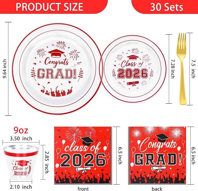 150 Pcs 2026 Graduation Plastic Plates with Disposable Silverware Serves 30 Guests, Red Clear Graduation Disposable Plates Including 30 Dinner&Dessert Plates, Cups, Napkins, Gold Forks for Party