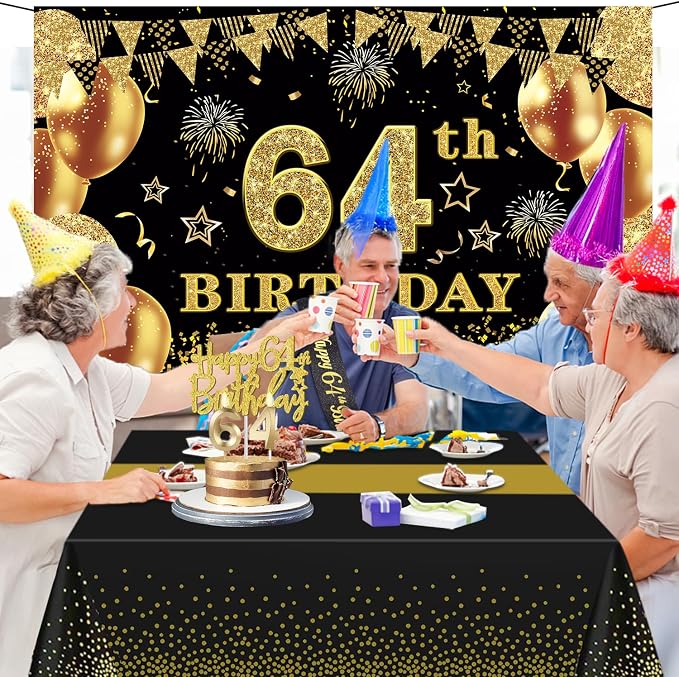 64th Birthday Decorations Men Women with 64th Birthday Banner, Black and Gold Table Cloth, Number Balloons, Large Sash, Cake Topper and Candles