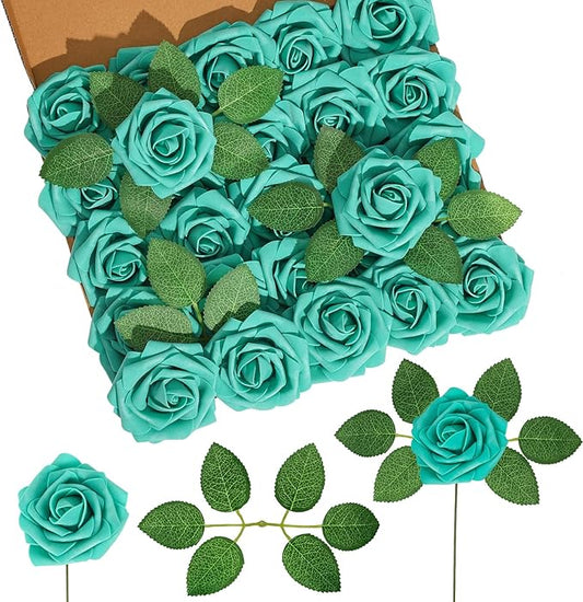 DuHouse Artificial Roses Flowers Fake Roses with Stems Real Touch Foam Flowers for DIY Wedding Bouquet Centerpiece Floral Arrangement Party Home Decor(Teal Blue-Green)