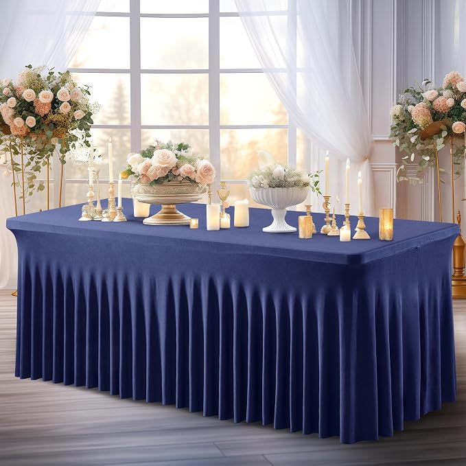 Shillance 2 Packs Navy Blue Spandex Table Covers 6 Foot, Fitted Stretch Table Cloth with Skirts 72x30 Inch, Wrinkle-Free Floor Length Rectangle Tablecloths for Weddings Parties Banquets Events