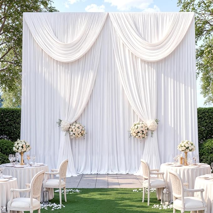 10ftx12ft Wrinkle Free White Backdrop Curtain for Wedding Parties, Silky Polyester 12 ft Long Photo Backdrop Drapes Back Drop Cloth Drapery for Birthday Baby Shower Photography Background