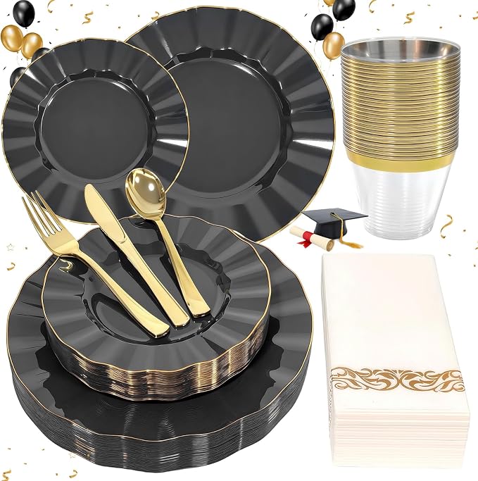 Glowserve 175 Piece Disposable Plastic Plates Dinnerware Set for 25 Guests | 50 Plastic Plates,25 Silverware Set,25 Cups and Napkins,Party Wedding Birthday,Family Gathering,Fancy Plastic Plates