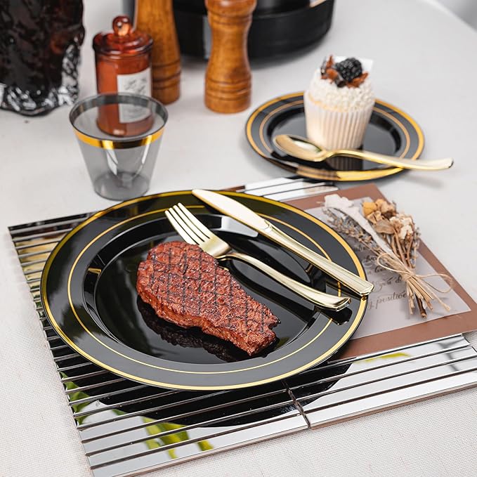 N9R 350 PCS Black Plastic Dinnerware Set for 50 Guests, Gold Plastic Plates, Disposable Plate for Party, Include: 50 Dinner & Dessert Plates, 50 Pre Rolled Napkins with Silverware and 50 Cups
