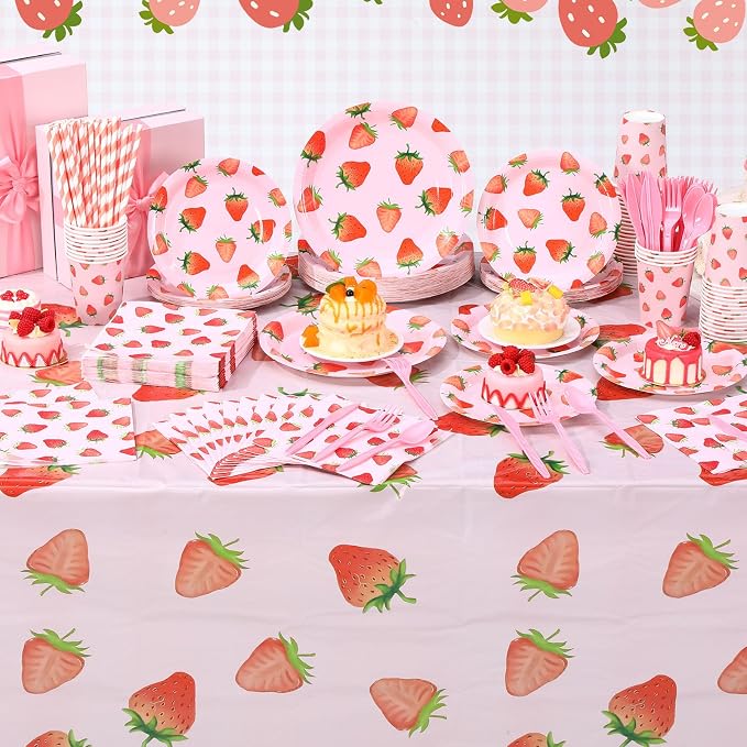 Funnymoom 452 Pcs Strawberry Party Supplies for 50 Guests, Strawberry Paper Plates Napkins Cups Tablecloth Cutlery Straws for Berry First Birthday Baby Shower Party Decorations