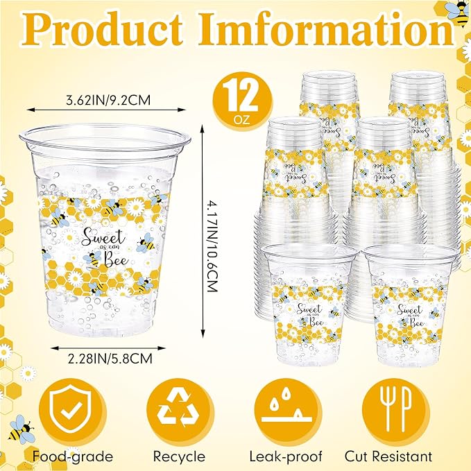 Funnymoom 60 Pack Bee Theme Cup 12 oz Honeycomb Disposable Clear Plastic Drinking Cups Bulk for Bee Day Birthday Baby Shower Party Decorations Favors