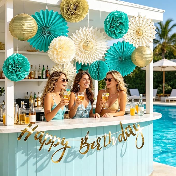 SUNBEAUTY Teal and Gold Party Decorations Teal Birthday Decorations for Women Teal Blue Hanging Paper Fans Tissue Pom Poms Happy Birthday Banner for Baby Showers Wedding Engagement Party