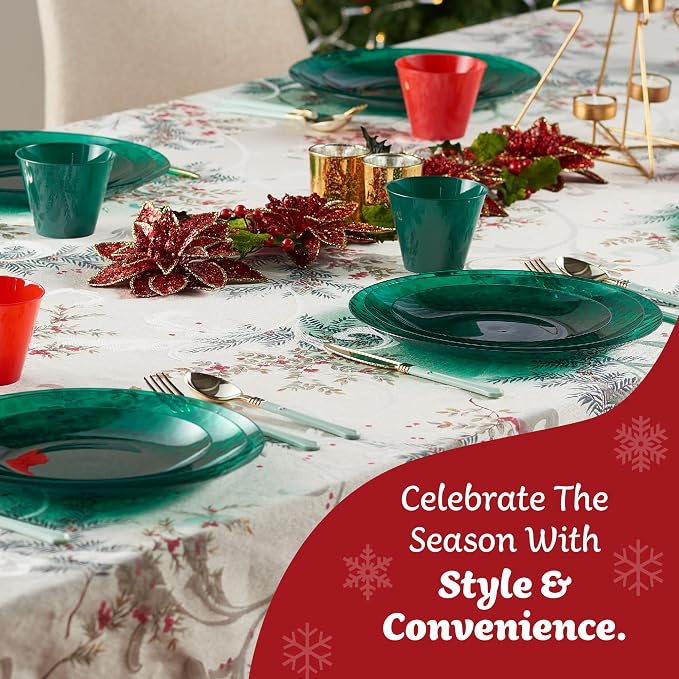PLASTICPRO 30 Pack Hammered Plastic Plates Heavyweight Disposable Plastic Plates Elegant Transparent Green Platsic Party Dishes (Hammered green Christmass, 9'' INCH PLATES)