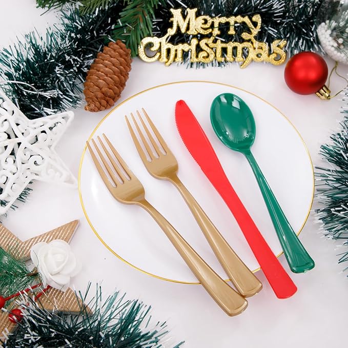 WDF 180 Pieces Plastic Silverware - Disposable Cutlery Set Incluede 60 Gold Forks, 60 Red Knives and 60 Green Spoons - Heavy Duty Plastic Flatware - Disposable Utensils for Wedding Party Birthday