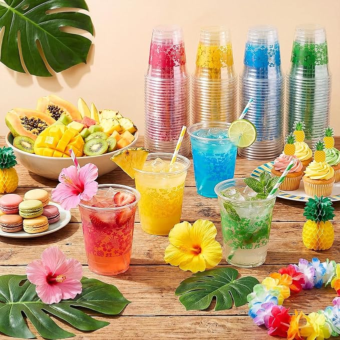 Geyoga 100 Pcs Hawaii Luau Party Cups 12 oz Disposable Plastic Tropical Flower Cups Bulk Hibiscus Clear Beverage Drinkware for Aloha Summer Beach Pool Birthday Holiday Supplies