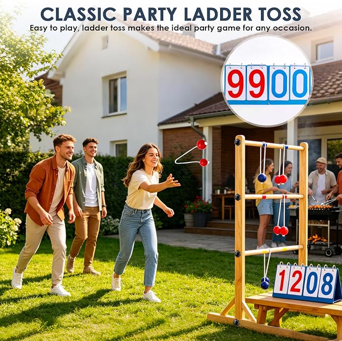 Ladder Ball Set with 2 Ladders 6 Bolas and Scoreboard Lawn Game Ladder Toss Outdoor Ladder Toss Game Set Wood Ladder Ball Set