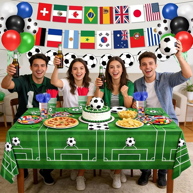 Soccer Birthday Party Decorations Includes Plates, Napkins, Cups, Banner, Hanging Swirls, Tablecloths, Balloons, Cupcake Toppers for 2026 Soccer Party Decorations, Serves 24